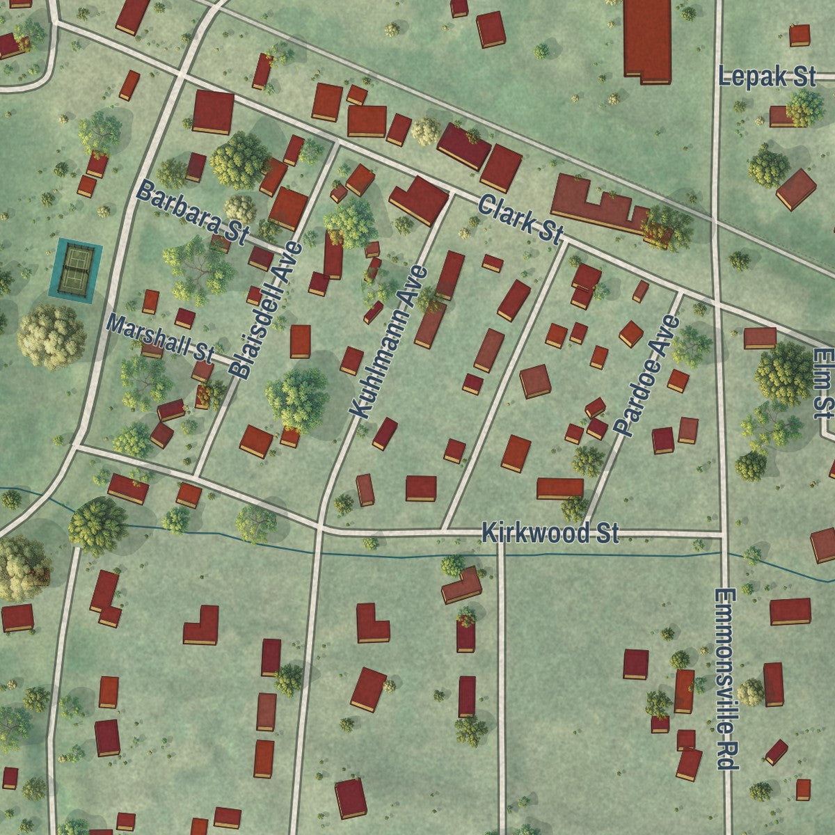 Close-up of the map of Hatley, Wisconsin print showing street and building detail