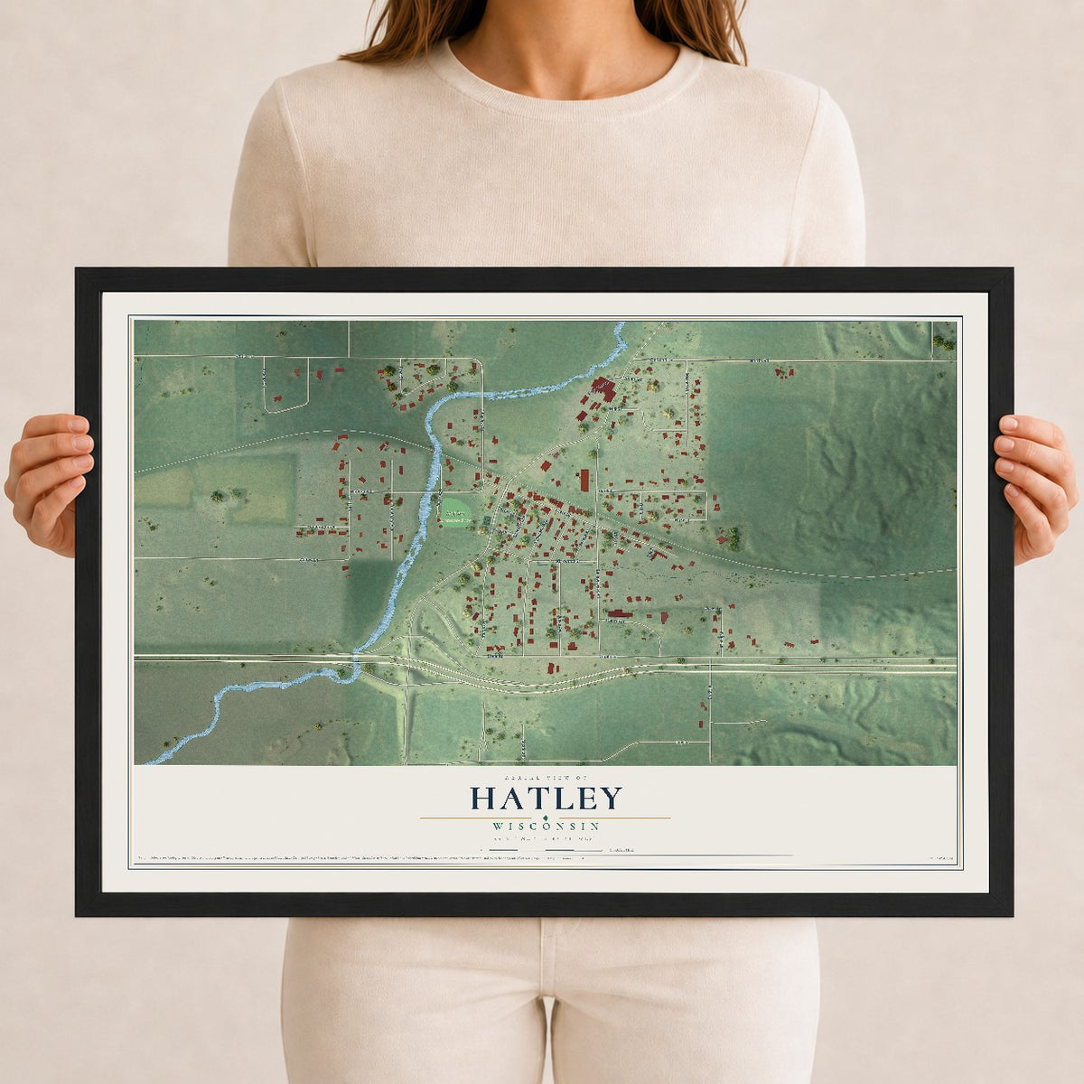 Map of Hatley, Wisconsin, 12 x 18 inch print in a black wood frame