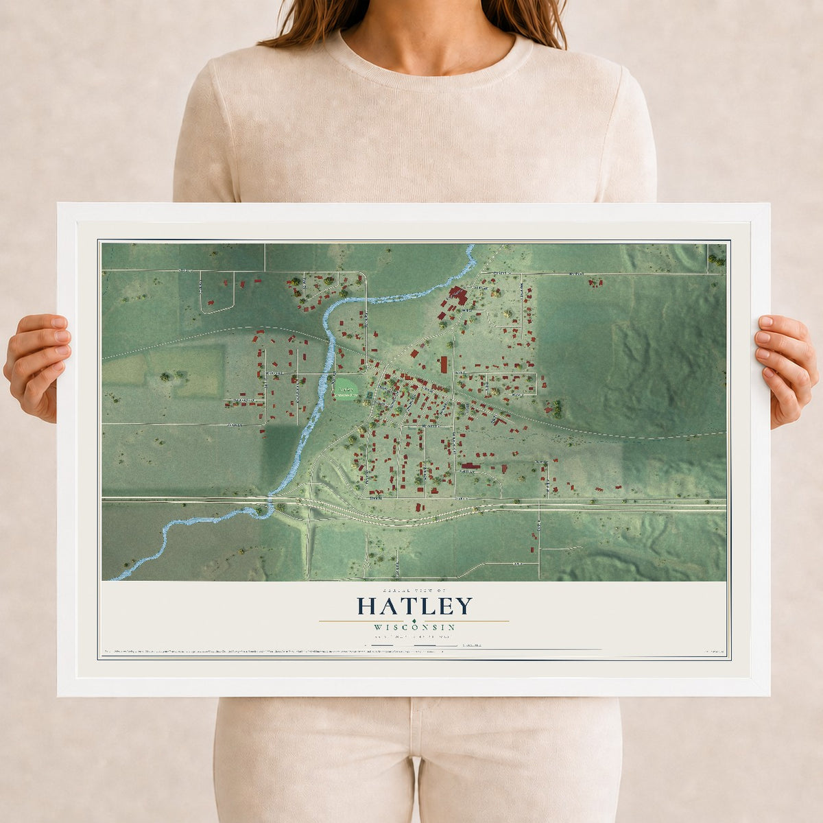 Map of Hatley, Wisconsin, 12 x 18 inch print in a white wood frame