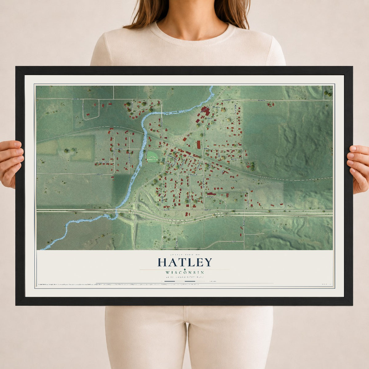 Map of Hatley, Wisconsin, 18 x 24 inch print in a black wood frame