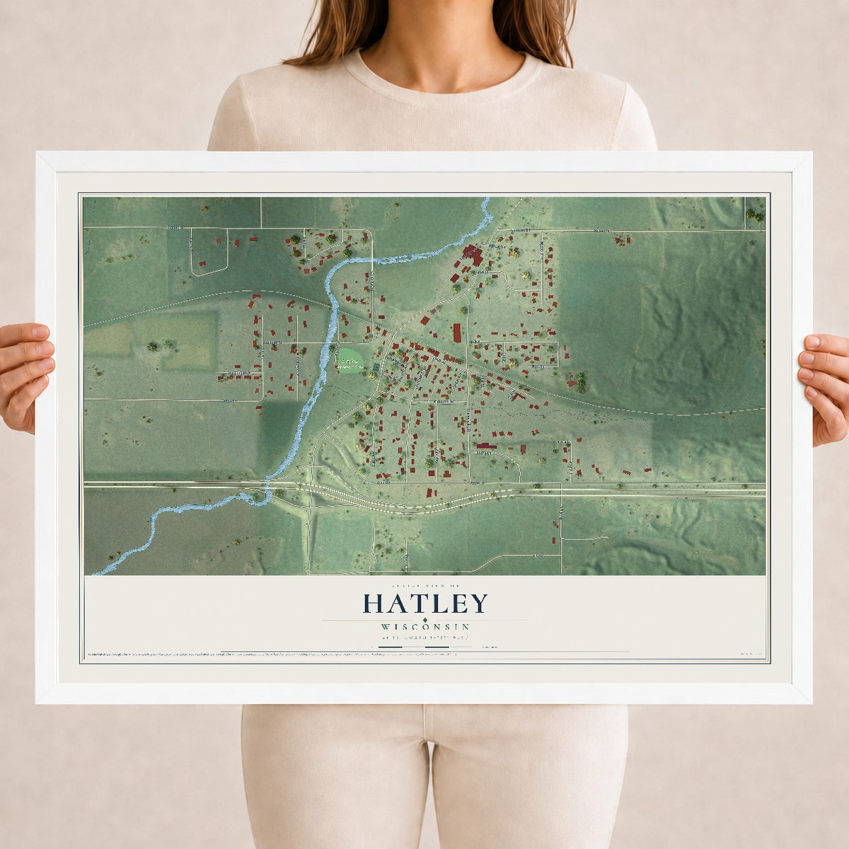 Map of Hatley, Wisconsin, 18 x 24 inch print in a white wood frame