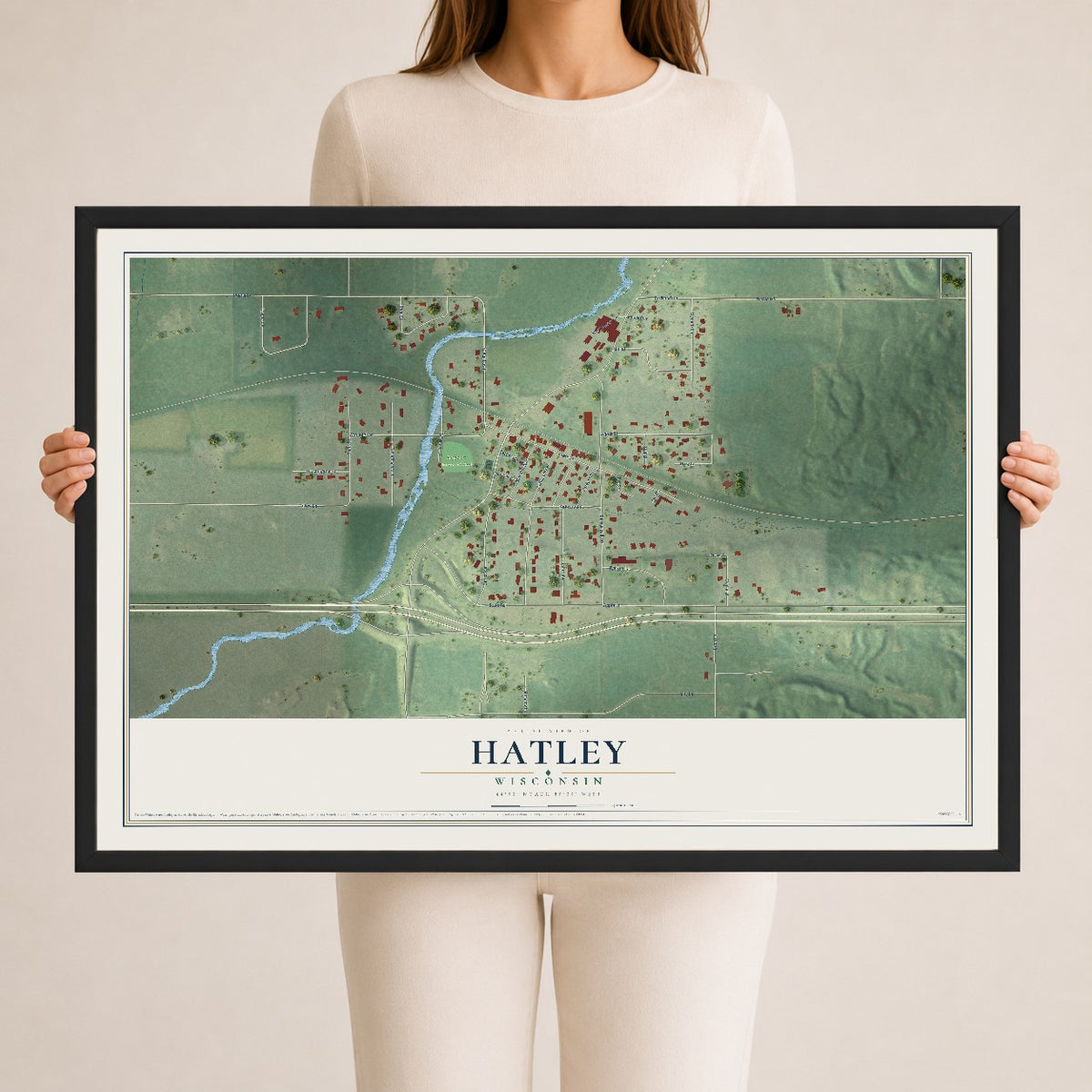 Map of Hatley, Wisconsin, 24 x 36 inch print in a black wood frame
