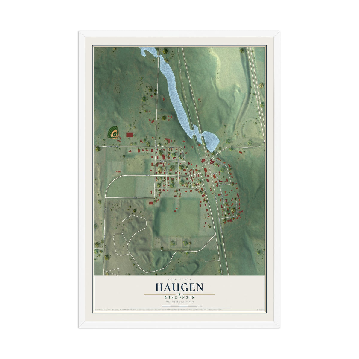 Map of Haugen, Wisconsin, 12 x 18 inch print in a white wood frame
