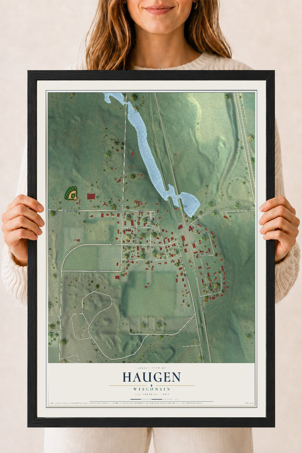 Map of Haugen, Wisconsin, 18 x 24 inch print in a black wood frame