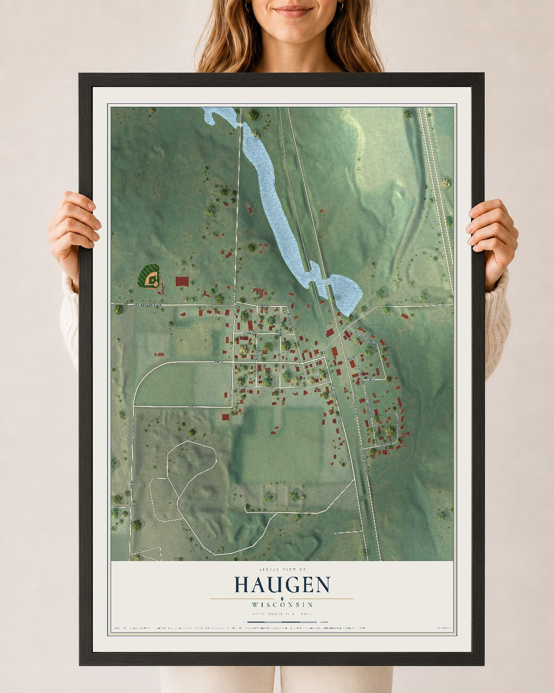 Map of Haugen, Wisconsin, 24 x 36 inch print in a black wood frame