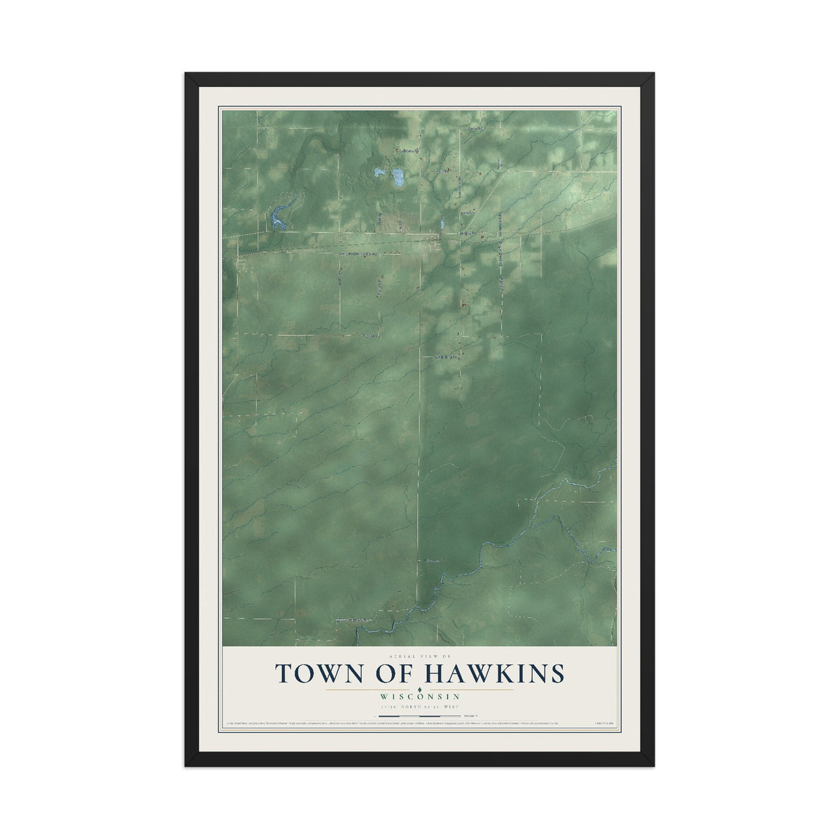 Map of the Town of Hawkins, Wisconsin, 12 x 18 inch print in a black wood frame