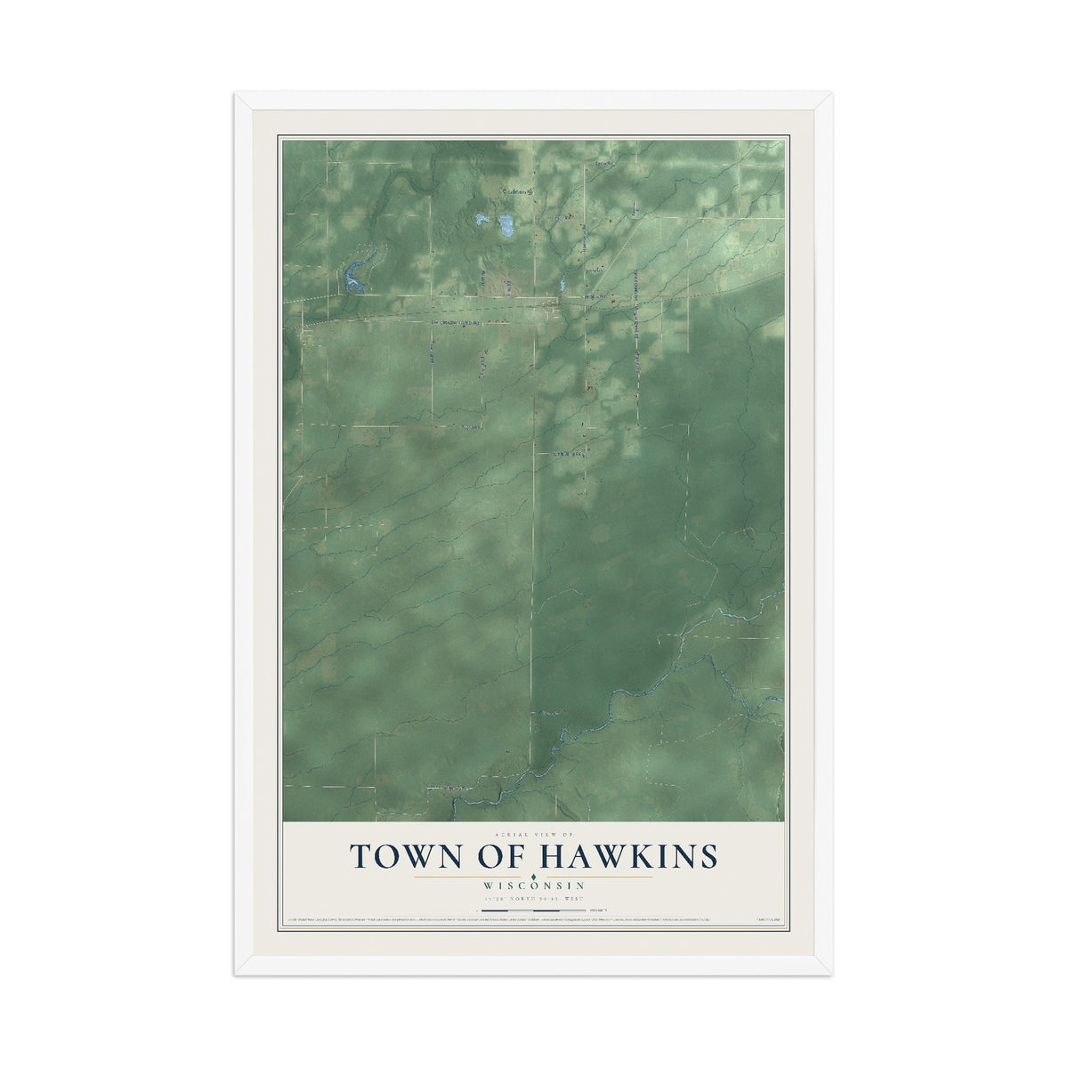 Map of the Town of Hawkins, Wisconsin, 12 x 18 inch print in a white wood frame
