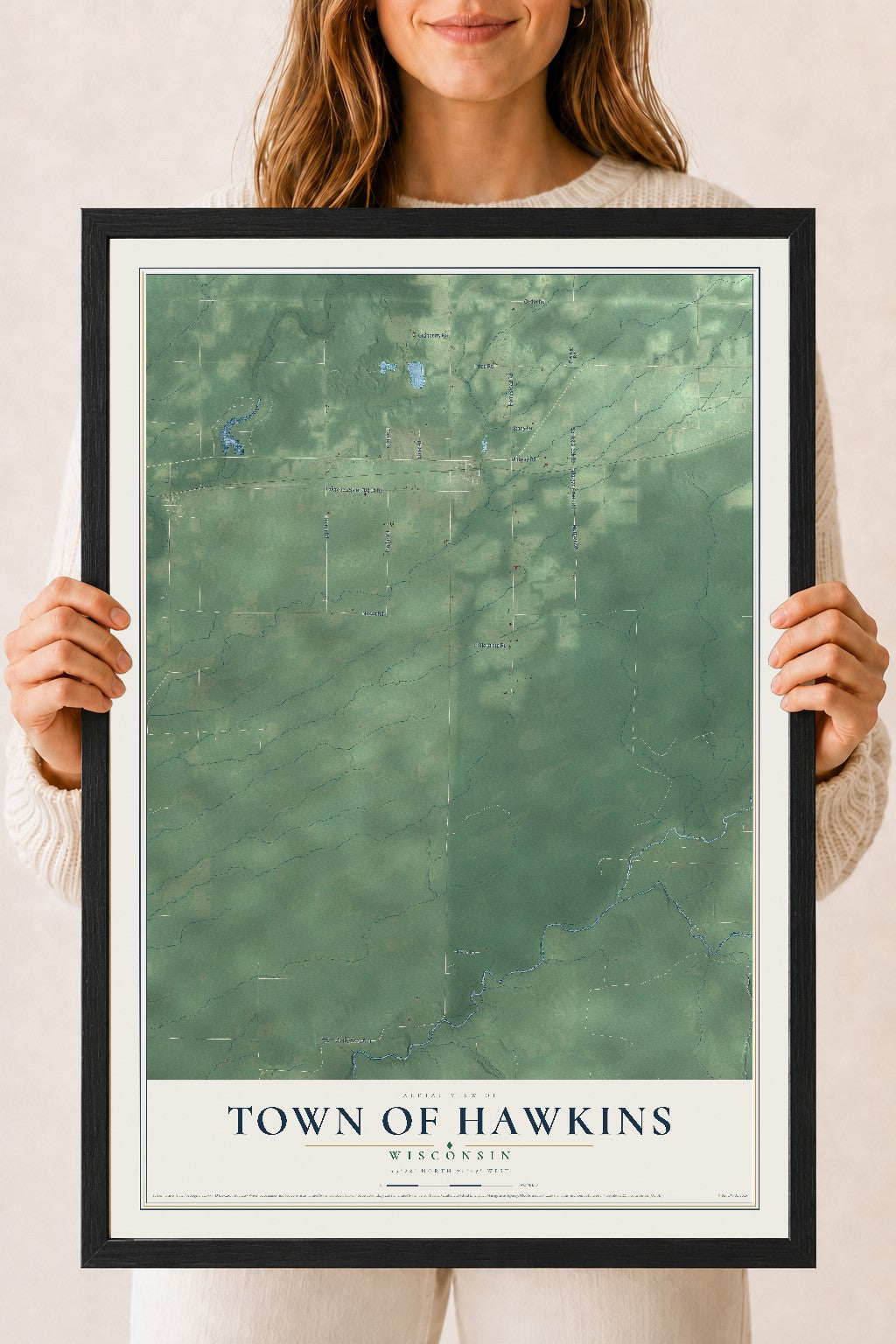 Map of the Town of Hawkins, Wisconsin, 18 x 24 inch print in a black wood frame