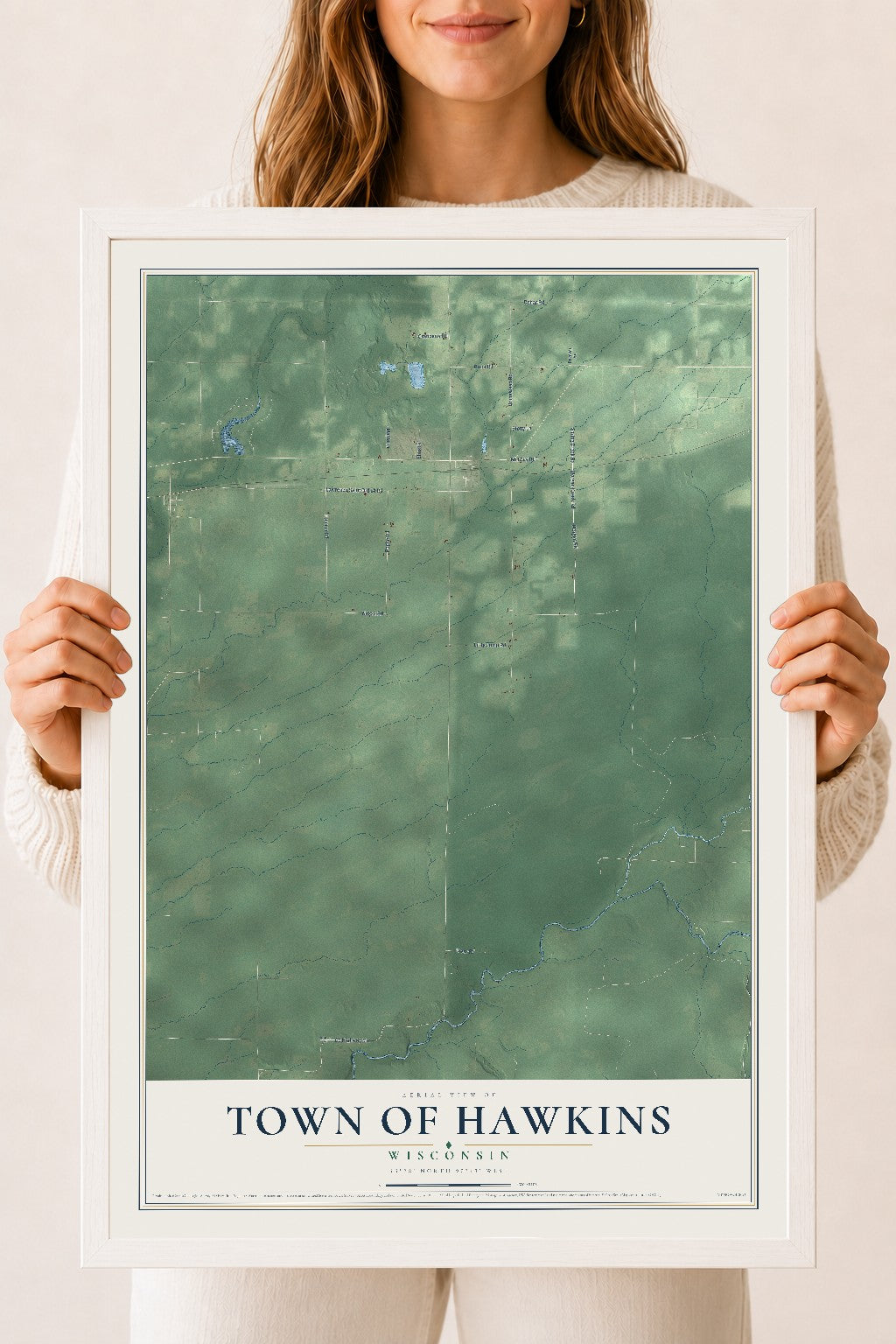 Map of the Town of Hawkins, Wisconsin, 18 x 24 inch print in a white wood frame