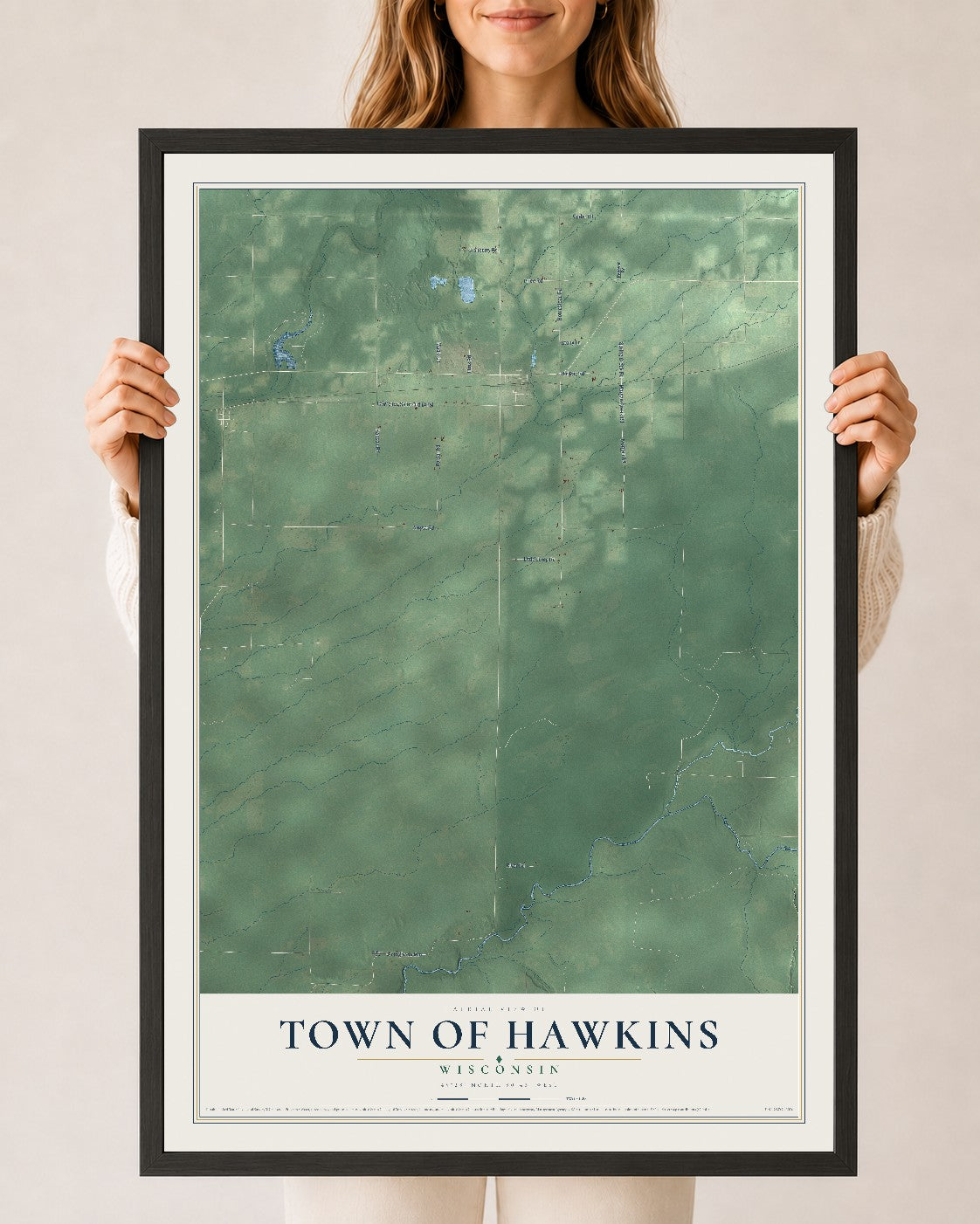 Map of the Town of Hawkins, Wisconsin, 24 x 36 inch print in a black wood frame