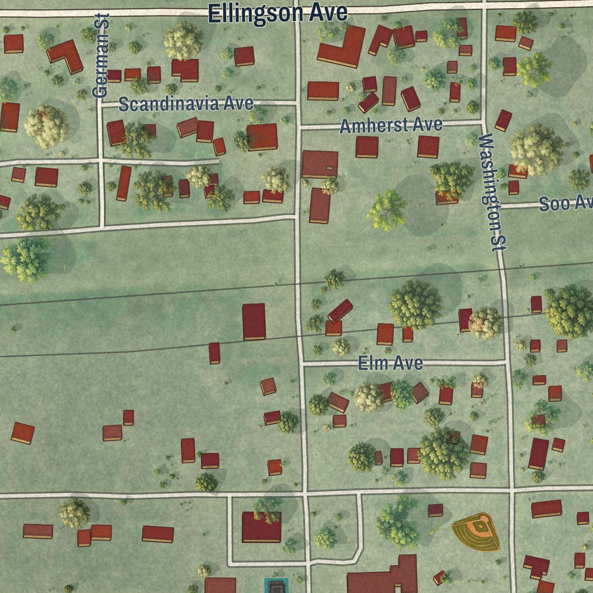 Close-up of the map of Hawkins, Wisconsin print showing street and building detail