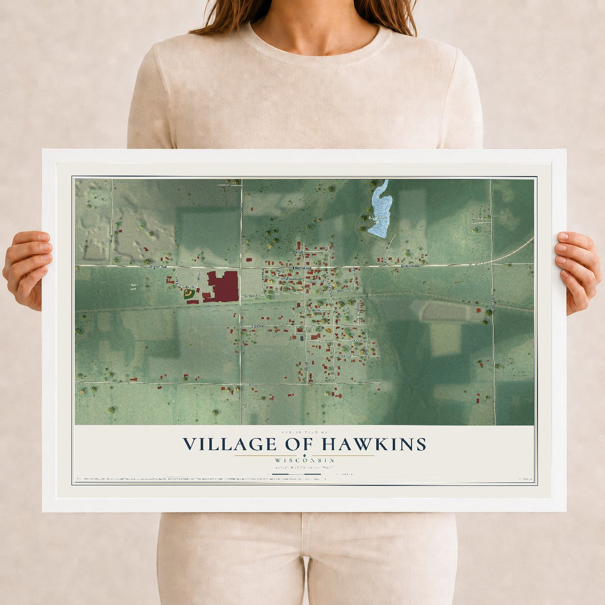 Map of Hawkins, Wisconsin, 12 x 18 inch print in a white wood frame