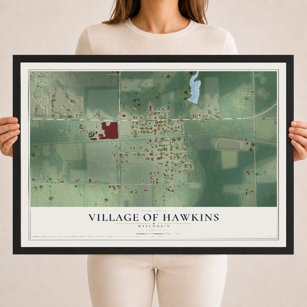 Map of Hawkins, Wisconsin, 18 x 24 inch print in a black wood frame