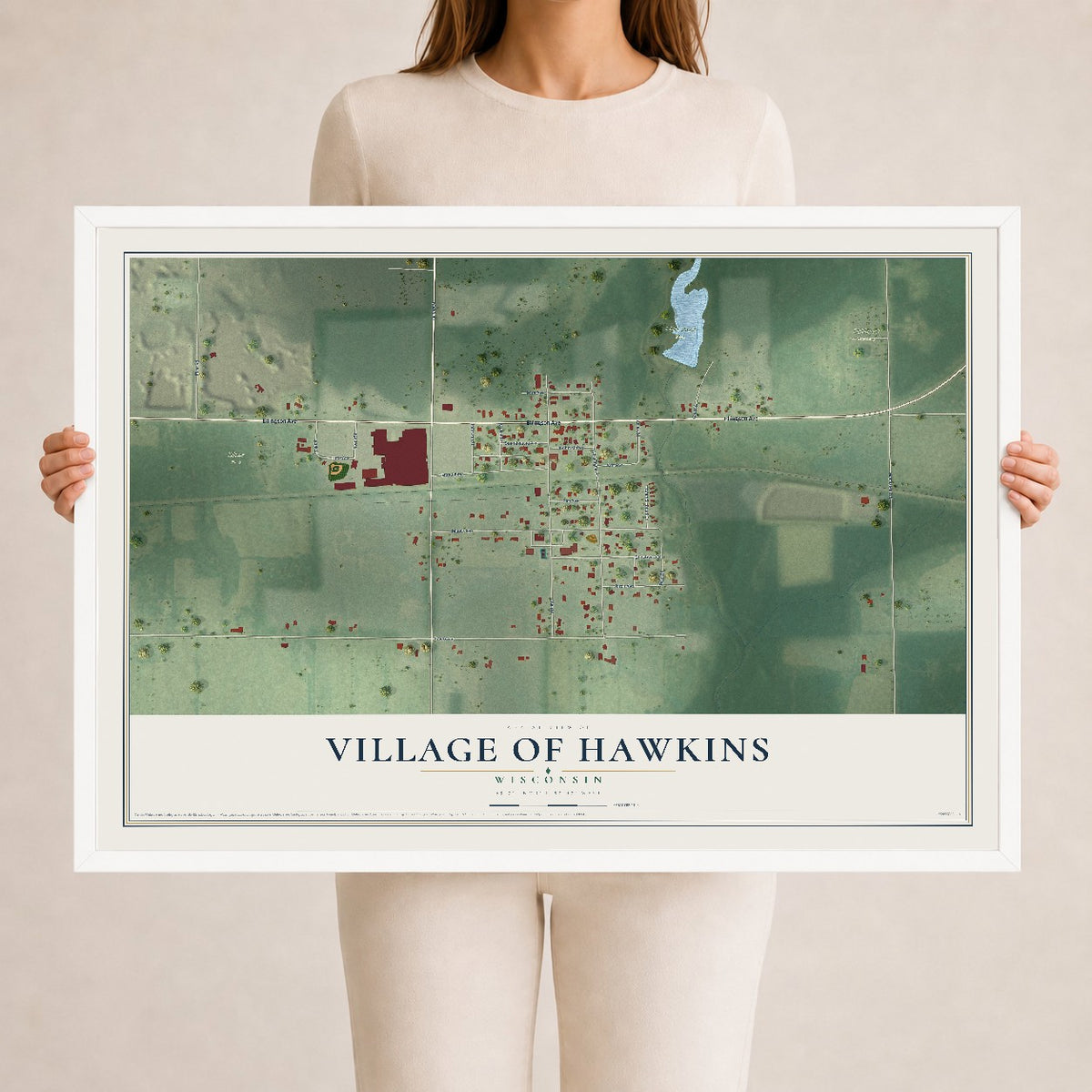 Map of Hawkins, Wisconsin, 24 x 36 inch print in a white wood frame