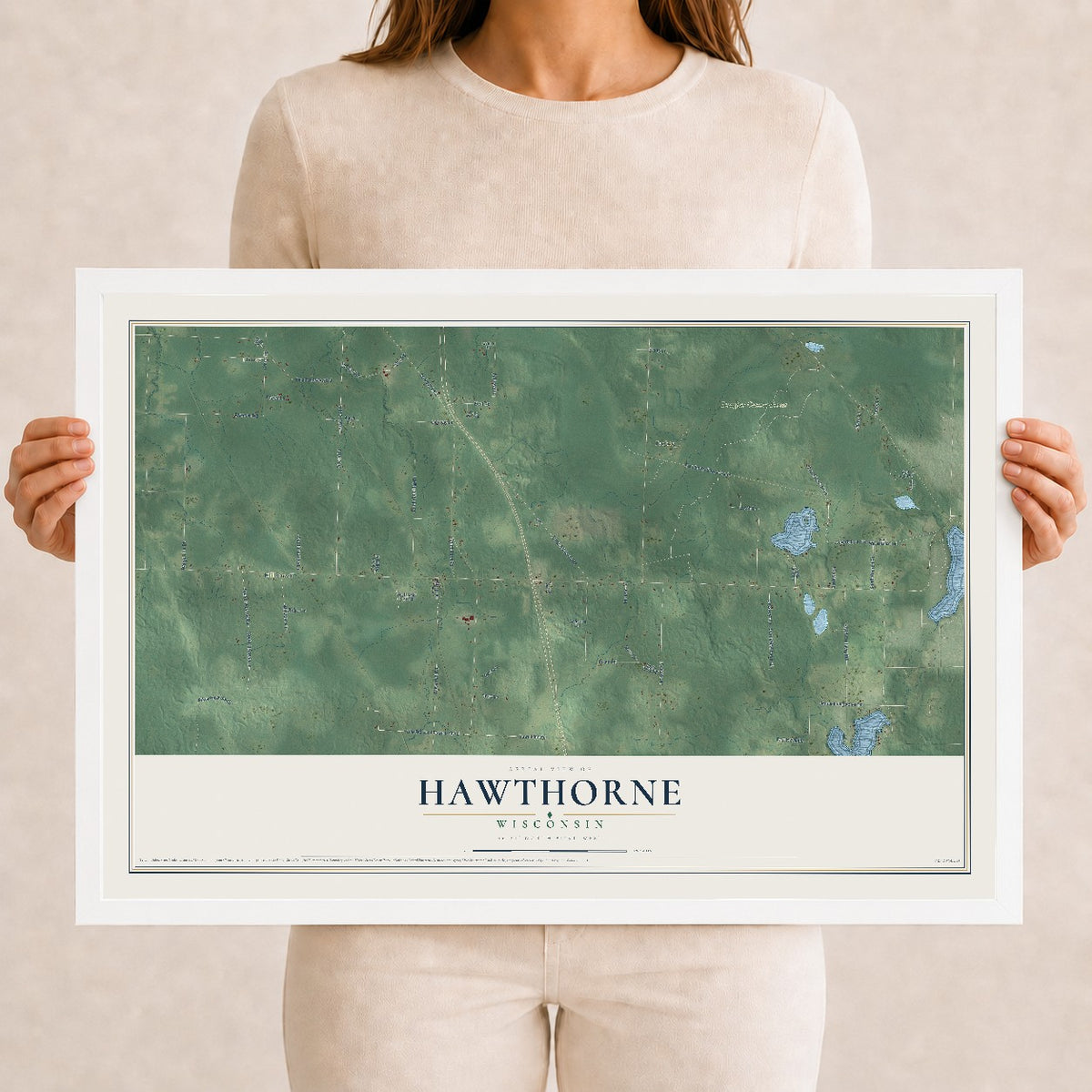 Map of Hawthorne, Wisconsin, 12 x 18 inch print in a white wood frame