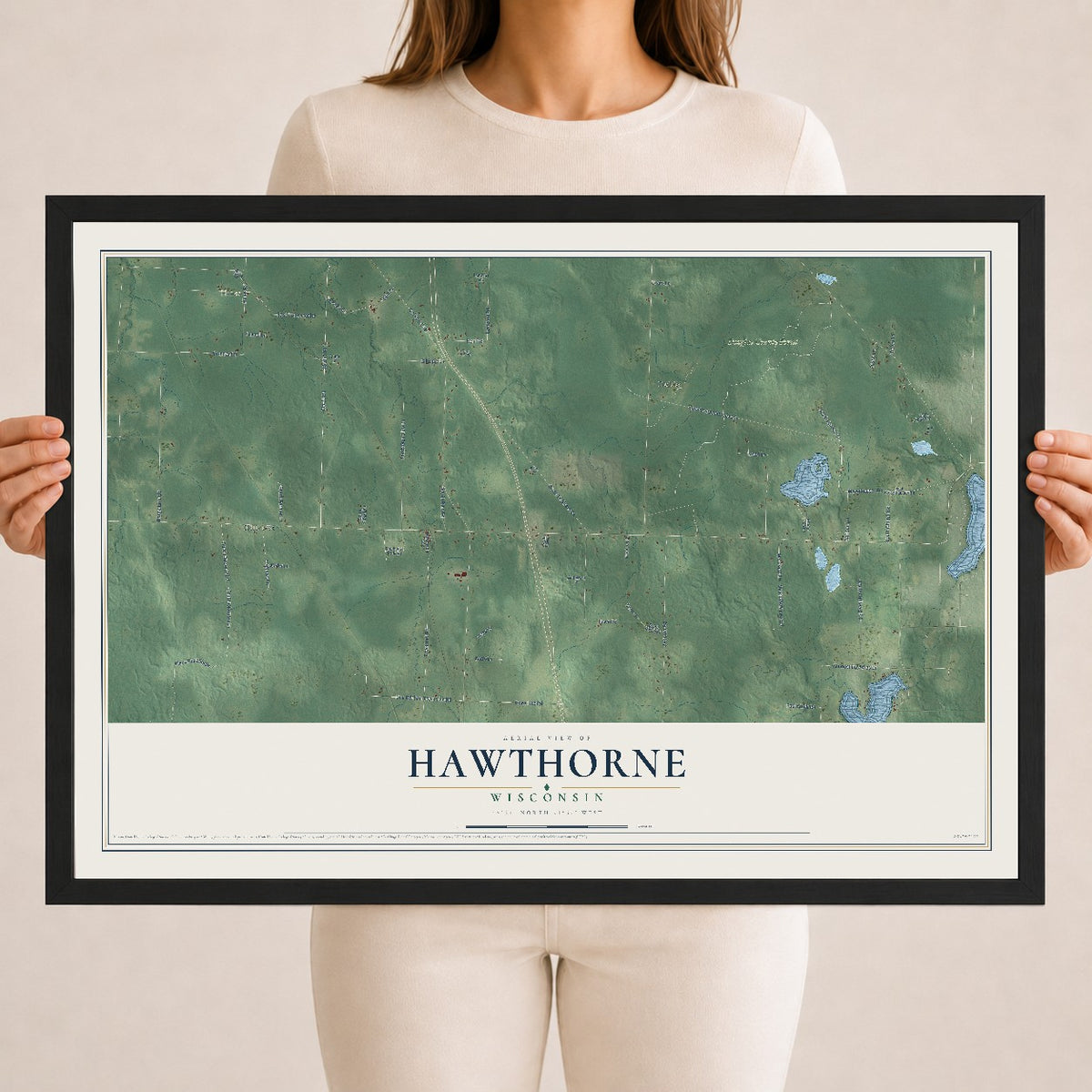 Map of Hawthorne, Wisconsin, 18 x 24 inch print in a black wood frame
