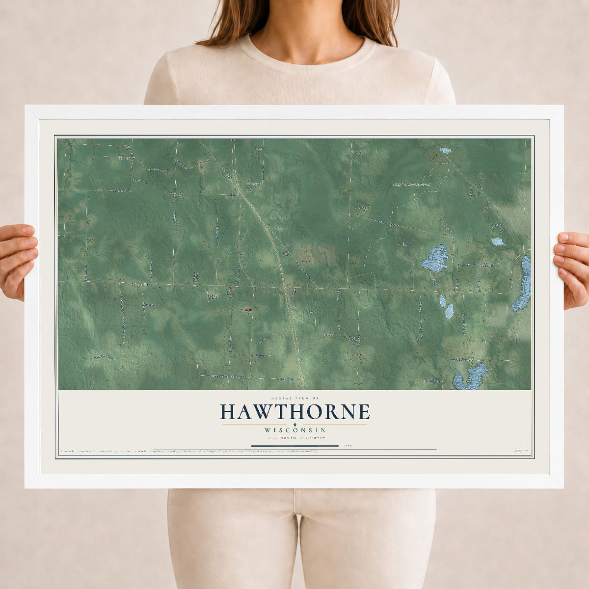 Map of Hawthorne, Wisconsin, 18 x 24 inch print in a white wood frame