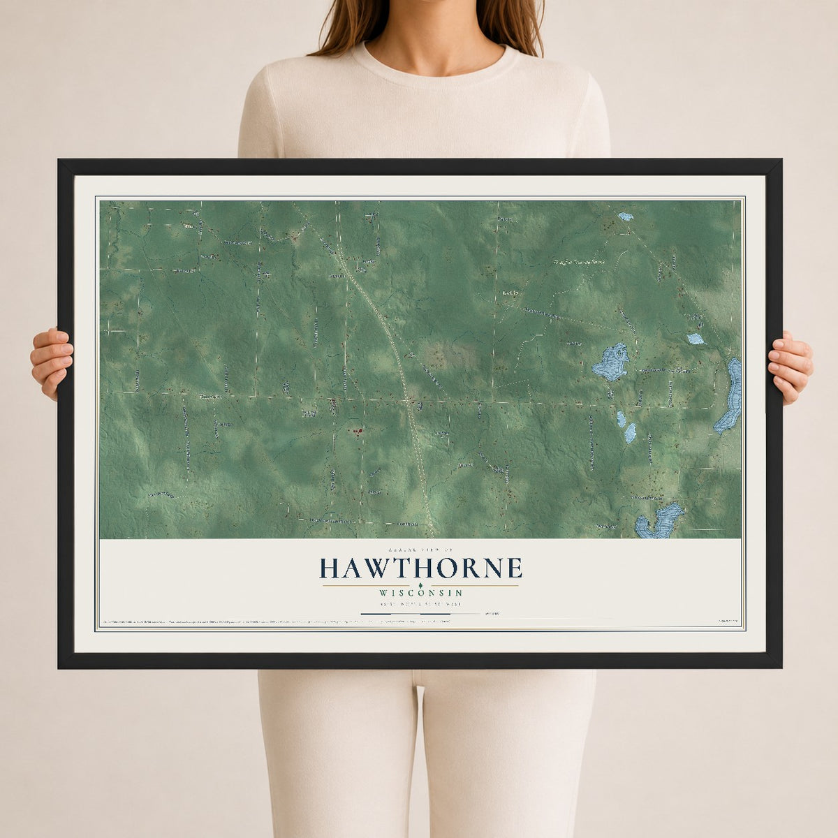 Map of Hawthorne, Wisconsin, 24 x 36 inch print in a black wood frame