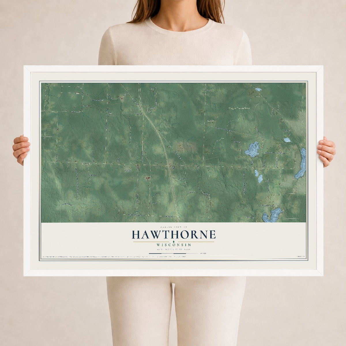 Map of Hawthorne, Wisconsin, 24 x 36 inch print in a white wood frame