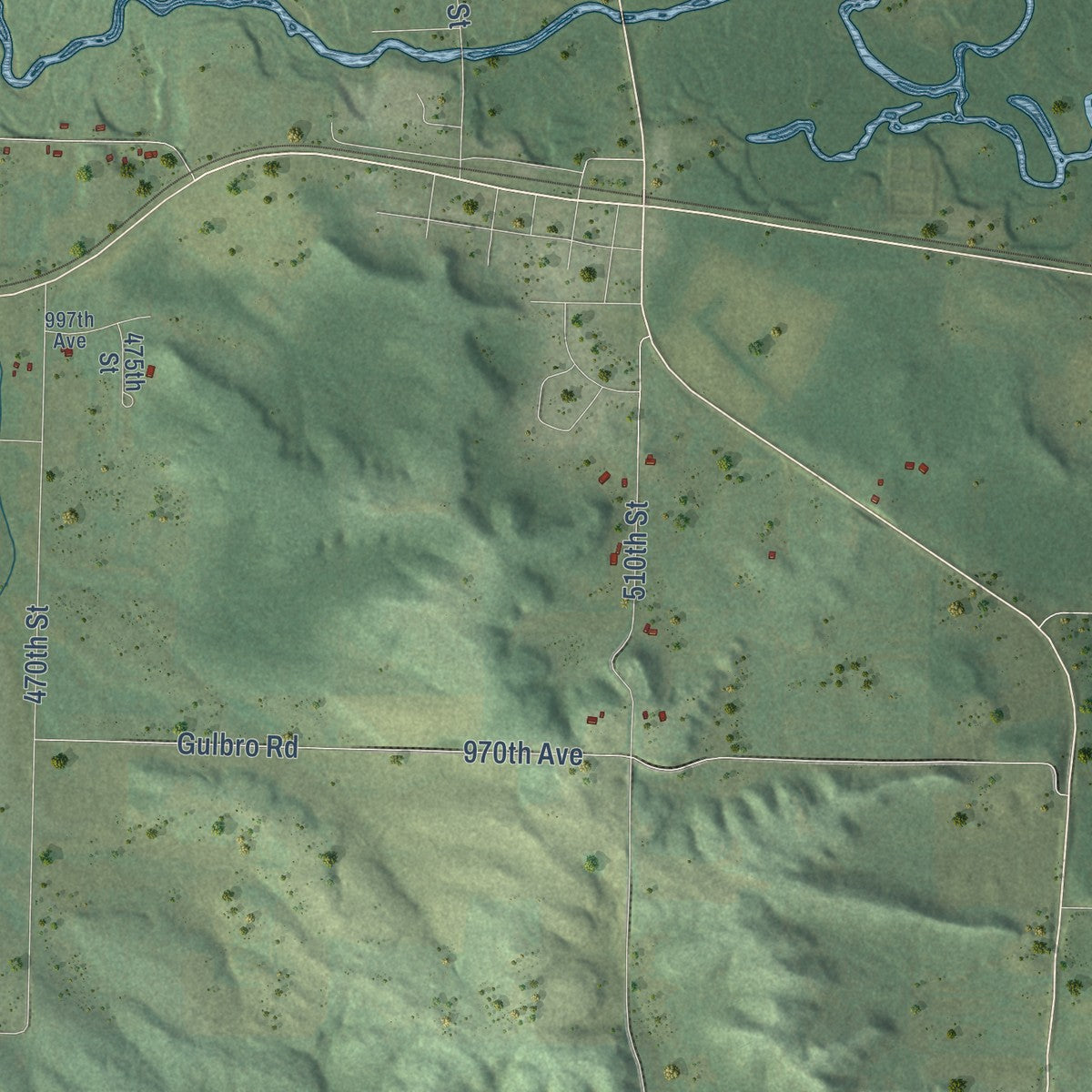 Second close-up of the map of Hay River, Wisconsin print showing more streets and buildings