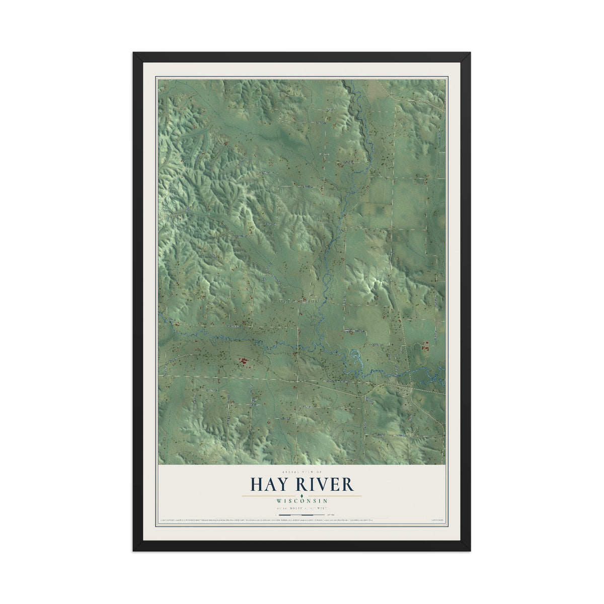 Map of Hay River, Wisconsin, 12 x 18 inch print in a black wood frame
