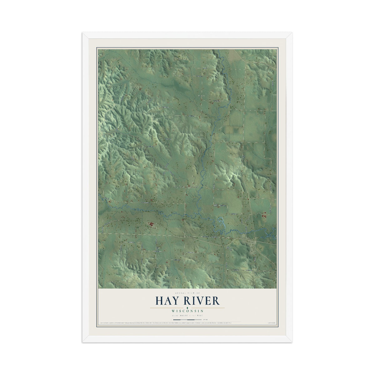 Map of Hay River, Wisconsin, 12 x 18 inch print in a white wood frame