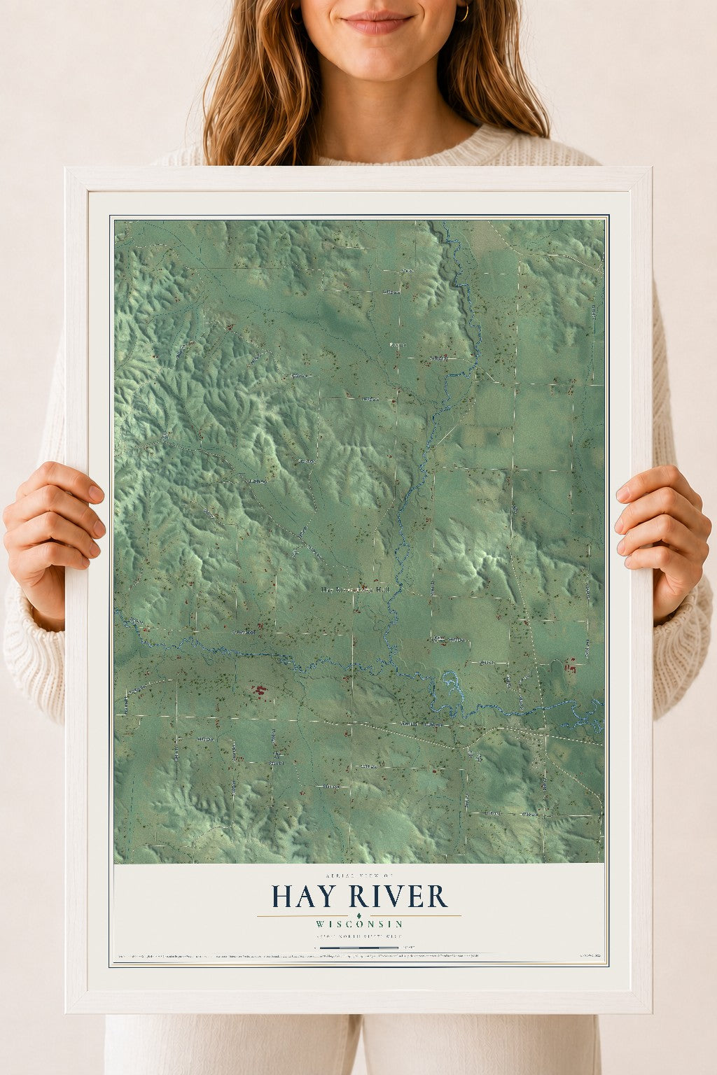 Map of Hay River, Wisconsin, 18 x 24 inch print in a white wood frame