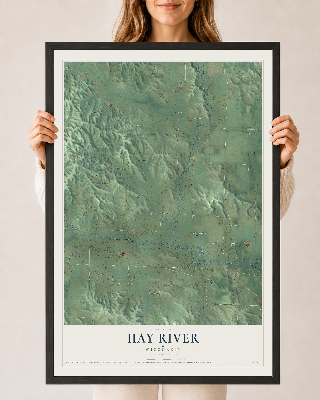 Map of Hay River, Wisconsin, 24 x 36 inch print in a black wood frame