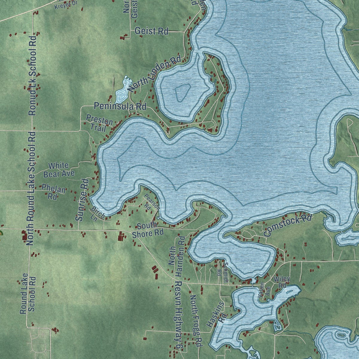 Second close-up of the map of the Town of Hayward, Wisconsin print showing more streets and buildings