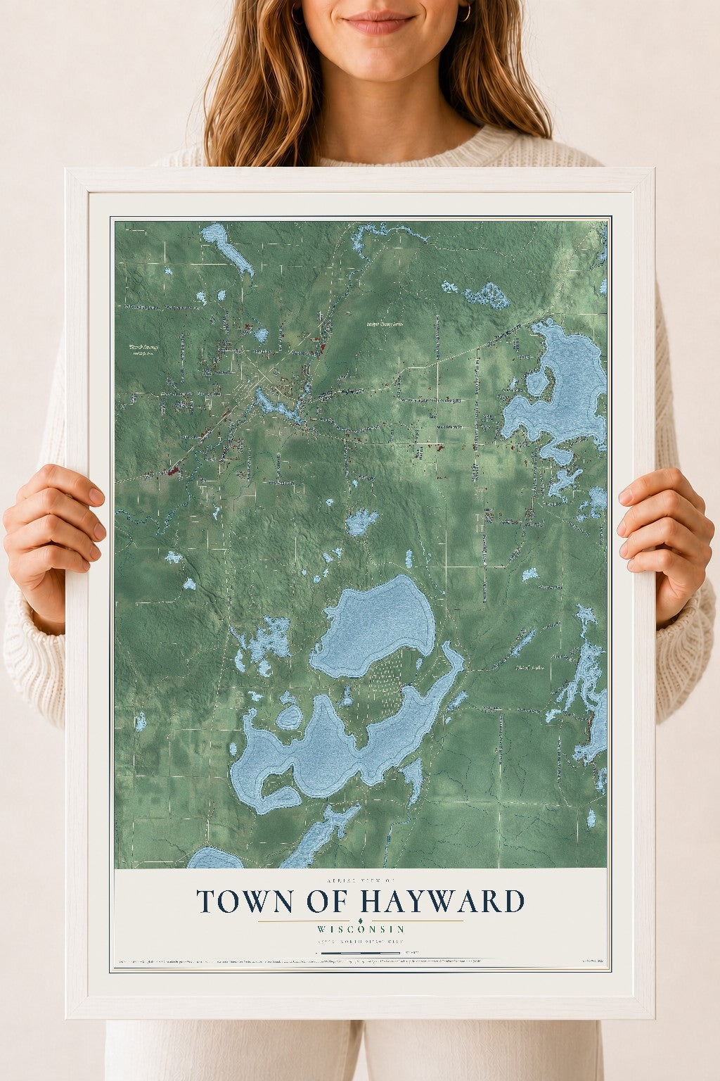 Map of the Town of Hayward, Wisconsin, 18 x 24 inch print in a white wood frame