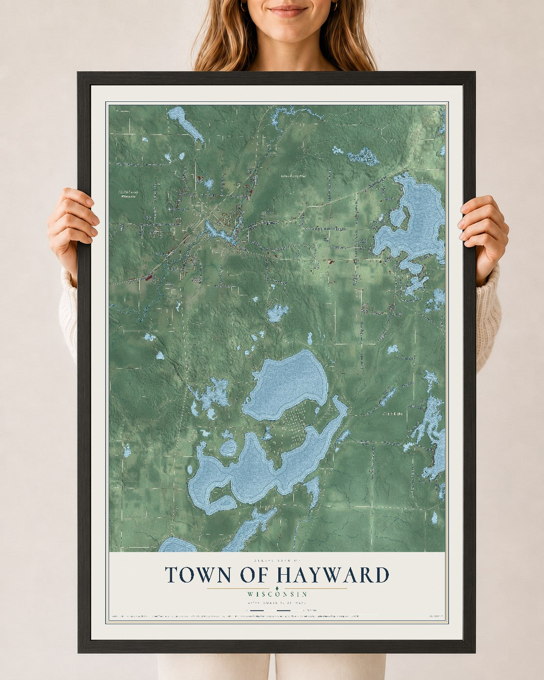 Map of the Town of Hayward, Wisconsin, 24 x 36 inch print in a black wood frame