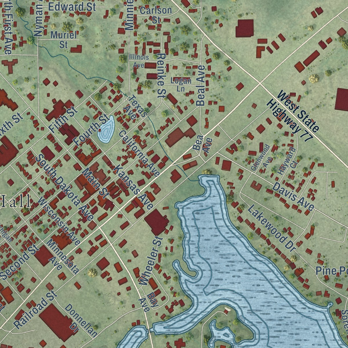 Close-up of the map of Hayward, Wisconsin print showing street and building detail
