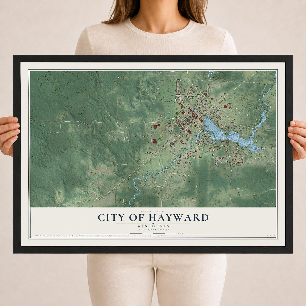 Map of Hayward, Wisconsin, 18 x 24 inch print in a black wood frame