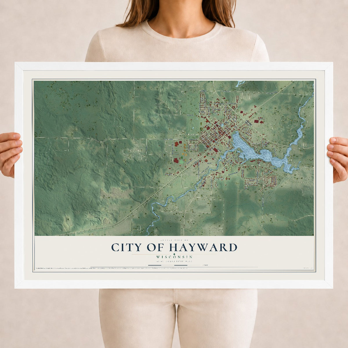 Map of Hayward, Wisconsin, 18 x 24 inch print in a white wood frame