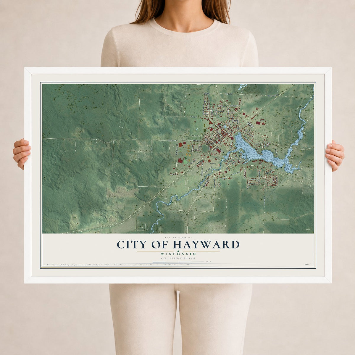Map of Hayward, Wisconsin, 24 x 36 inch print in a white wood frame