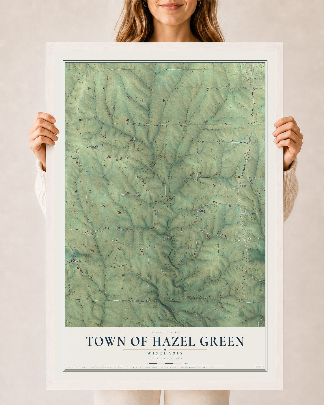 Map of the Town of Hazel Green, Wisconsin, 24 x 36 inch print in a white wood frame