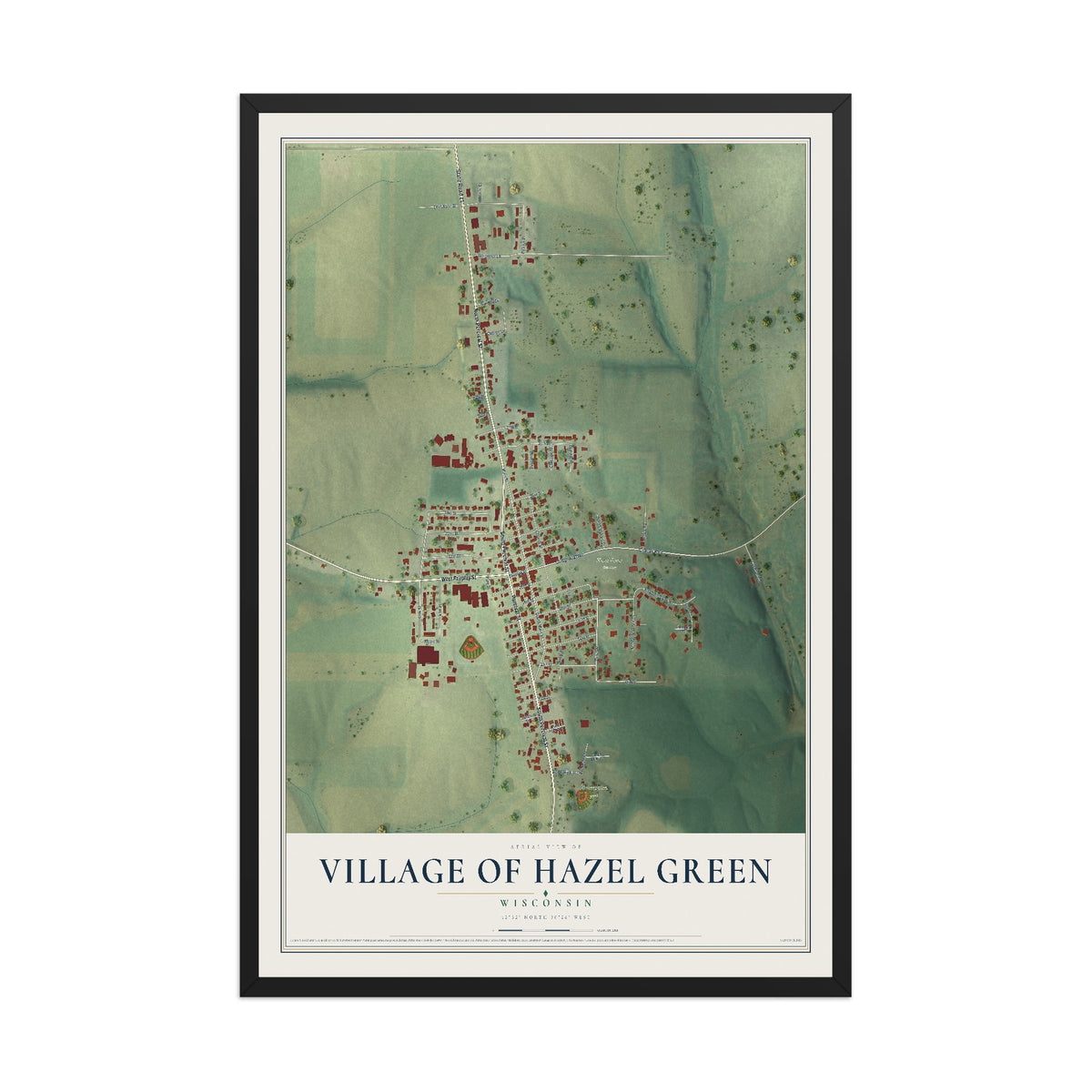 Map of Hazel Green, Wisconsin, 12 x 18 inch print in a black wood frame