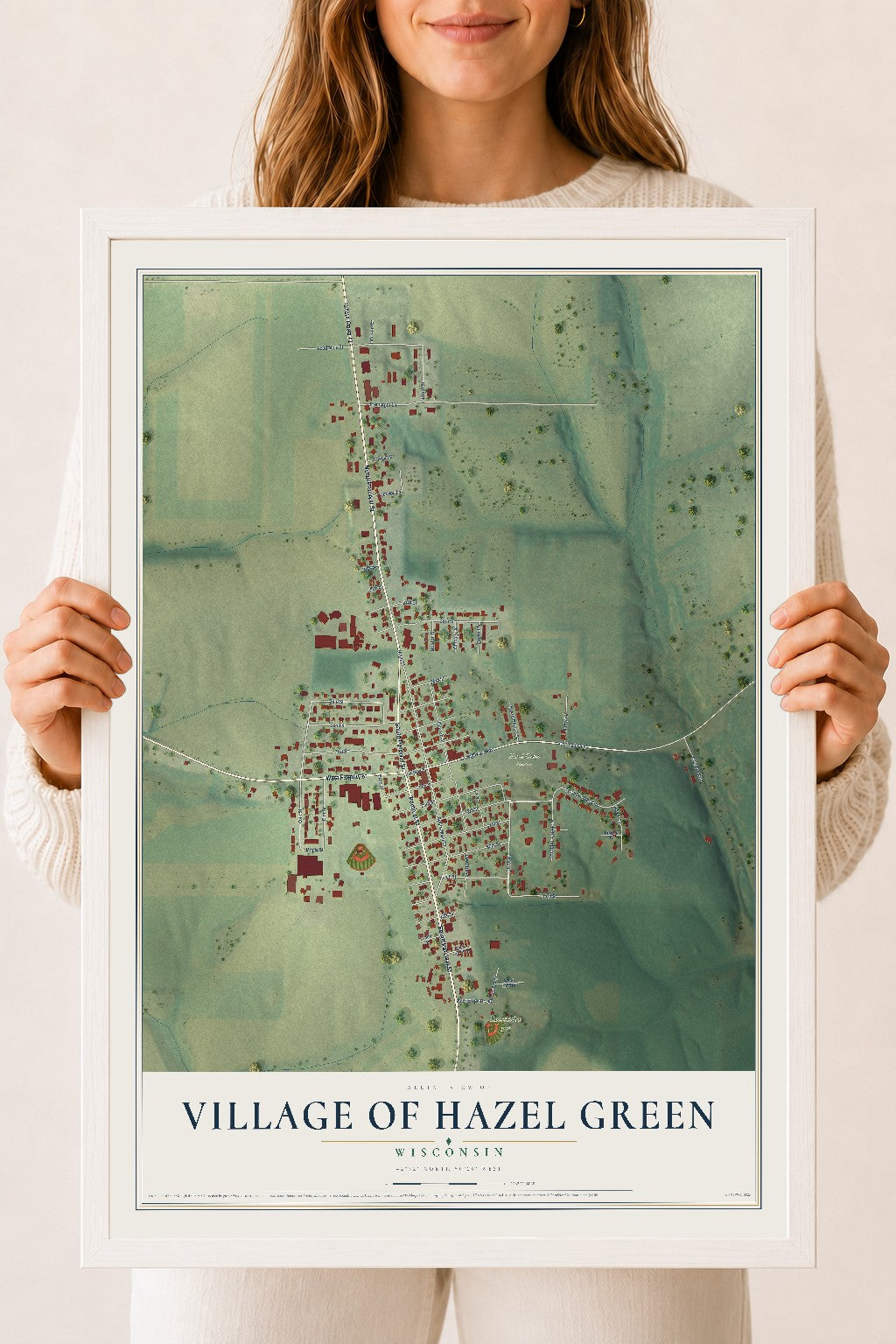 Map of Hazel Green, Wisconsin, 18 x 24 inch print in a white wood frame