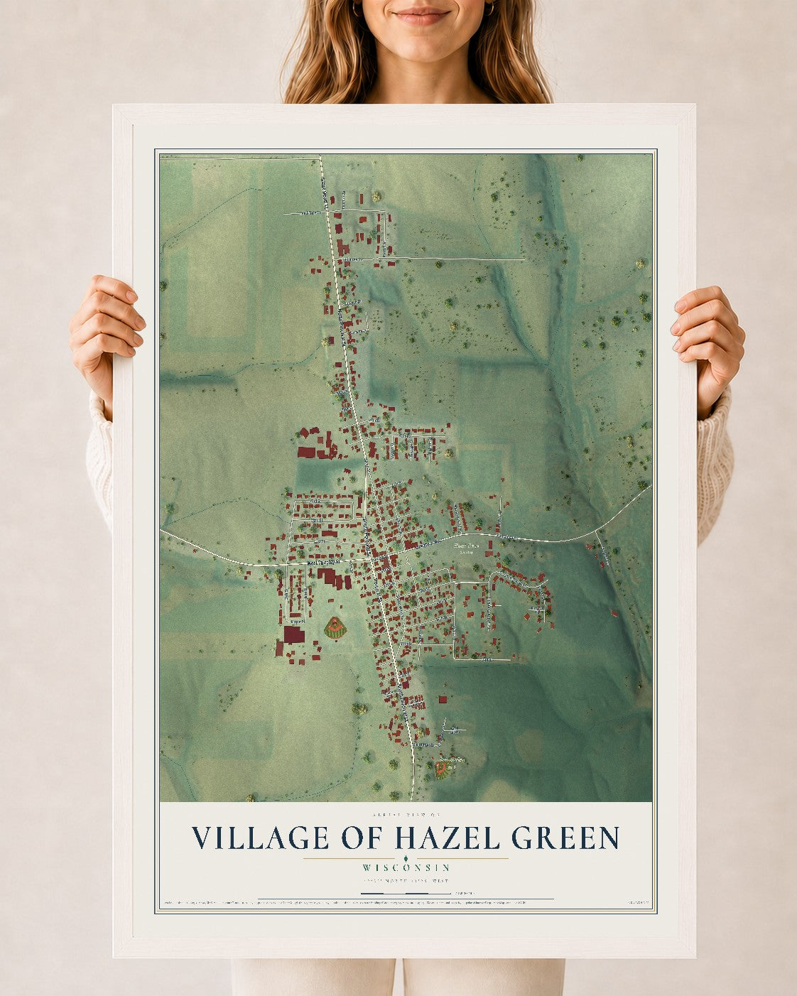 Map of Hazel Green, Wisconsin, 24 x 36 inch print in a white wood frame