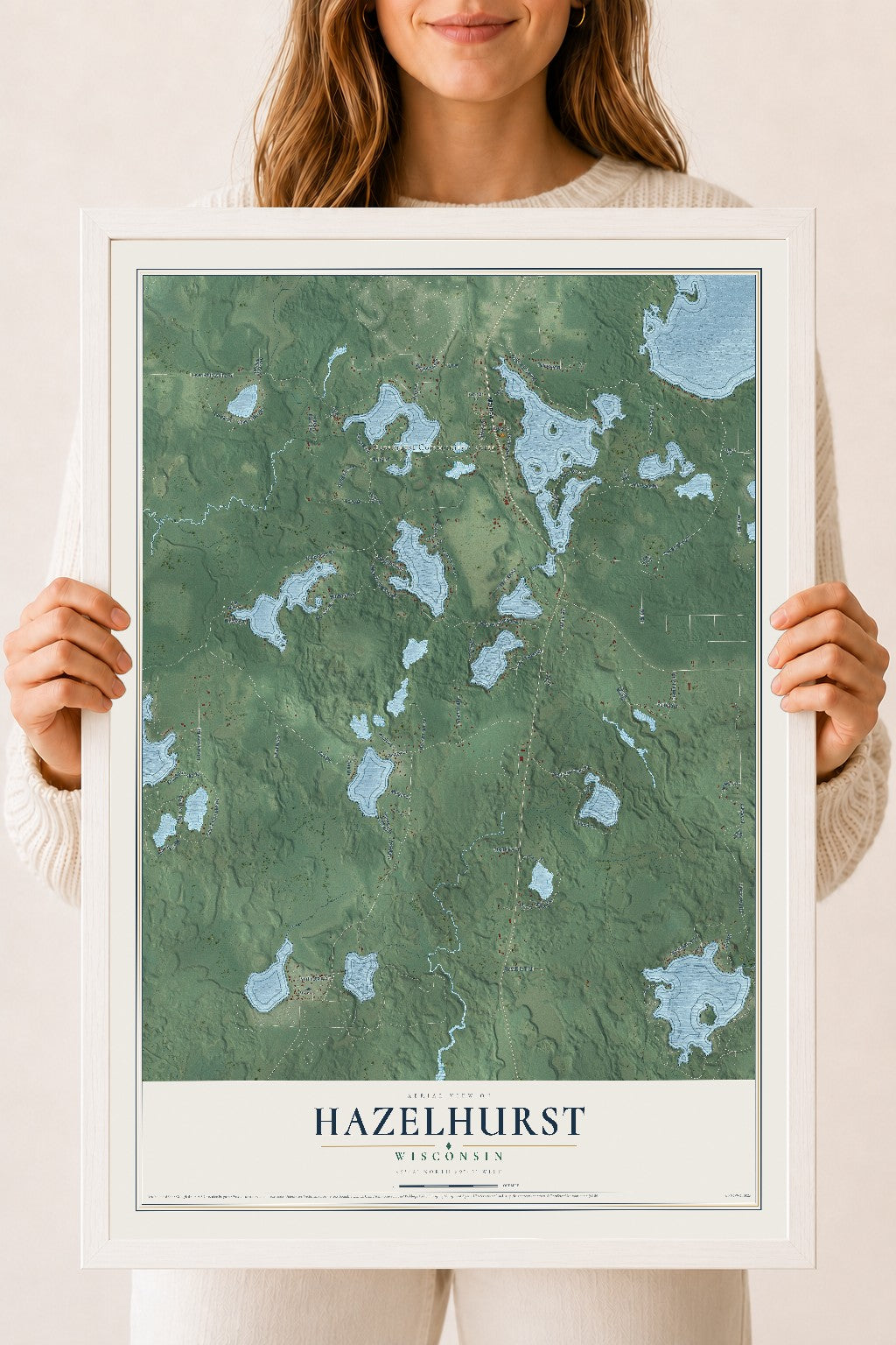 Map of Hazelhurst, Wisconsin, 18 x 24 inch print in a white wood frame