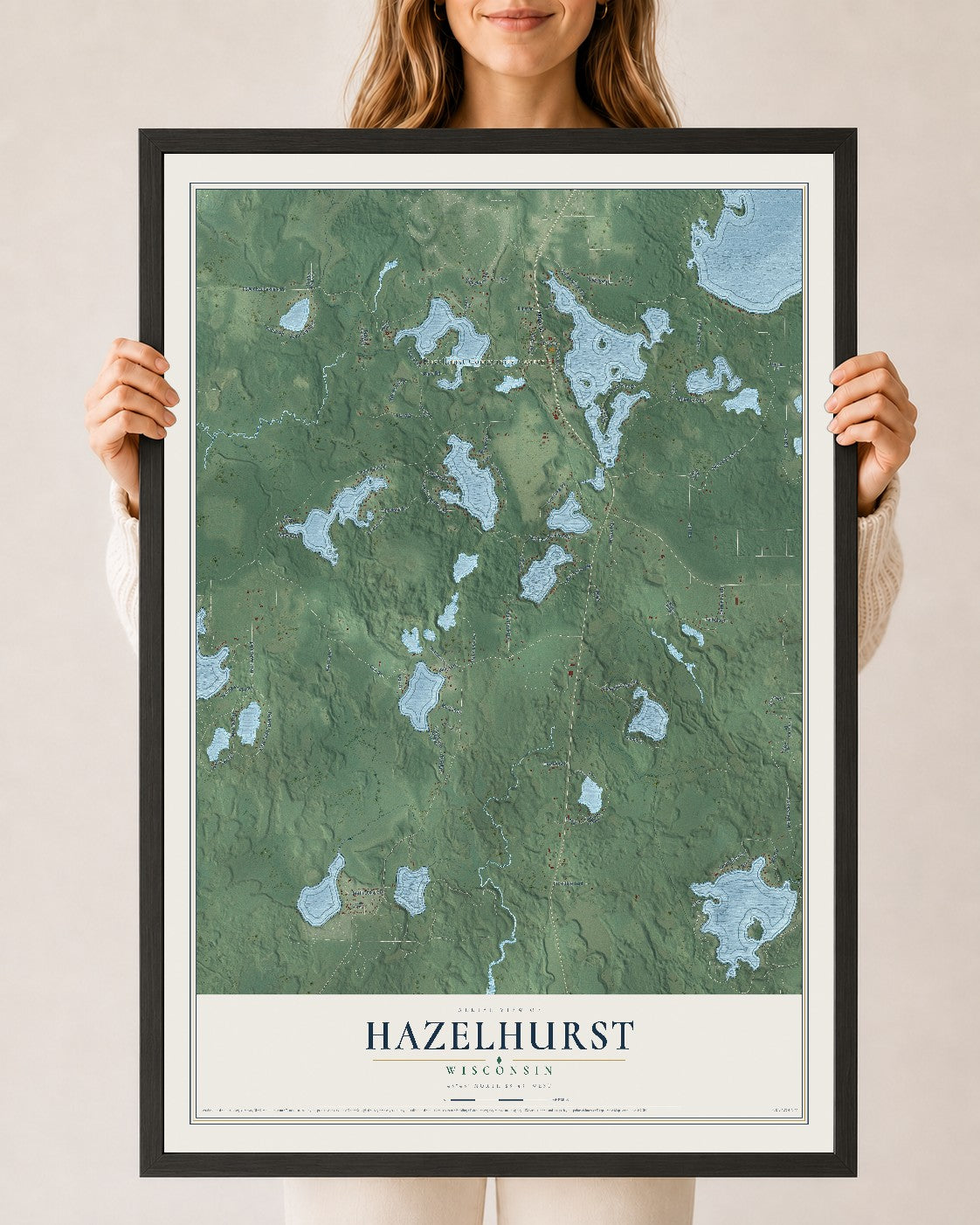 Map of Hazelhurst, Wisconsin, 24 x 36 inch print in a black wood frame