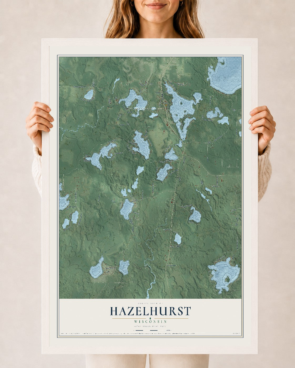 Map of Hazelhurst, Wisconsin, 24 x 36 inch print in a white wood frame