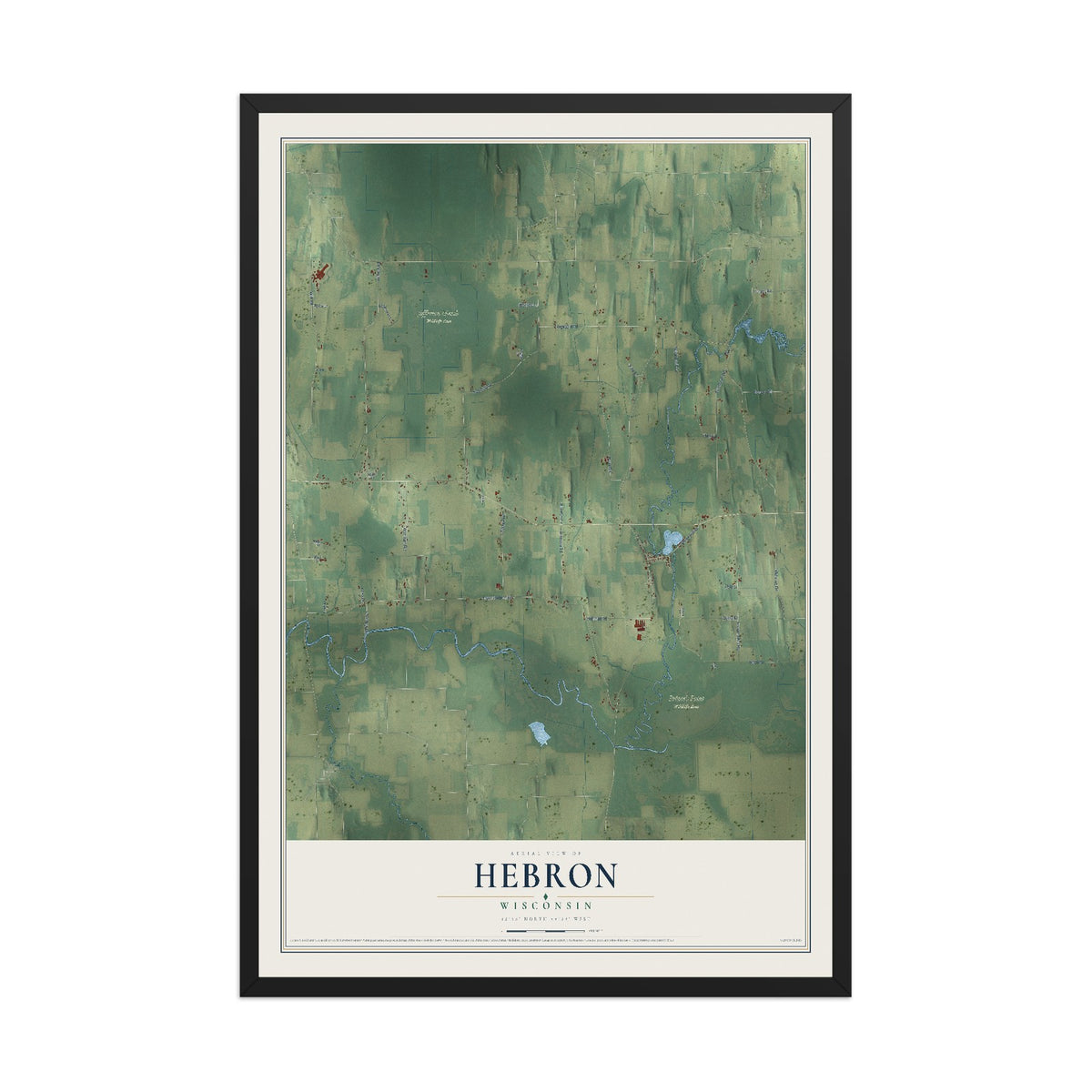Map of Hebron, Wisconsin, 12 x 18 inch print in a black wood frame