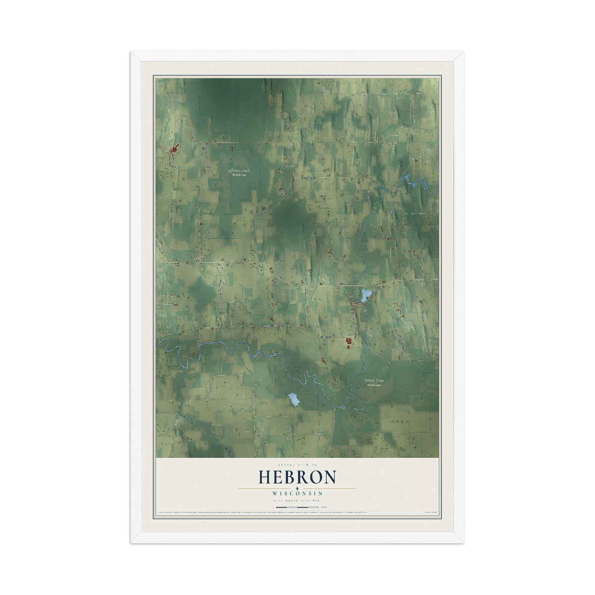 Map of Hebron, Wisconsin, 12 x 18 inch print in a white wood frame