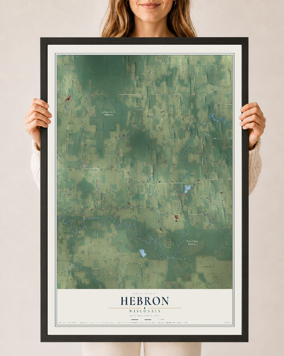 Map of Hebron, Wisconsin, 24 x 36 inch print in a black wood frame