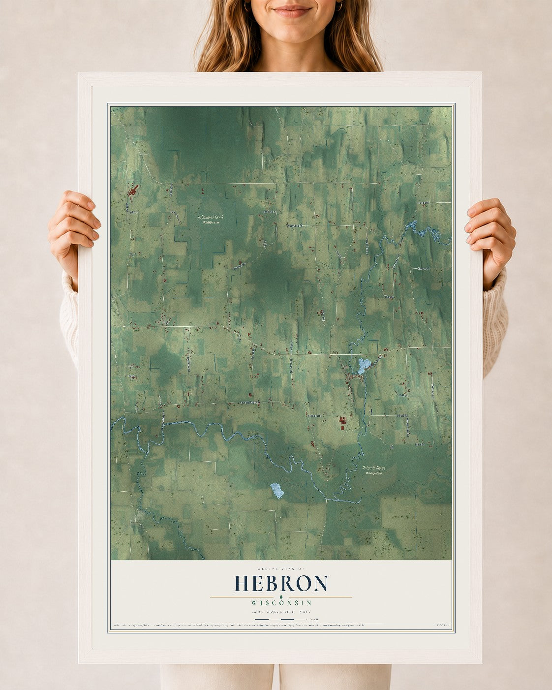 Map of Hebron, Wisconsin, 24 x 36 inch print in a white wood frame