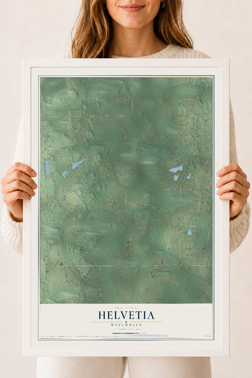 Map of Helvetia, Wisconsin, 18 x 24 inch print in a white wood frame