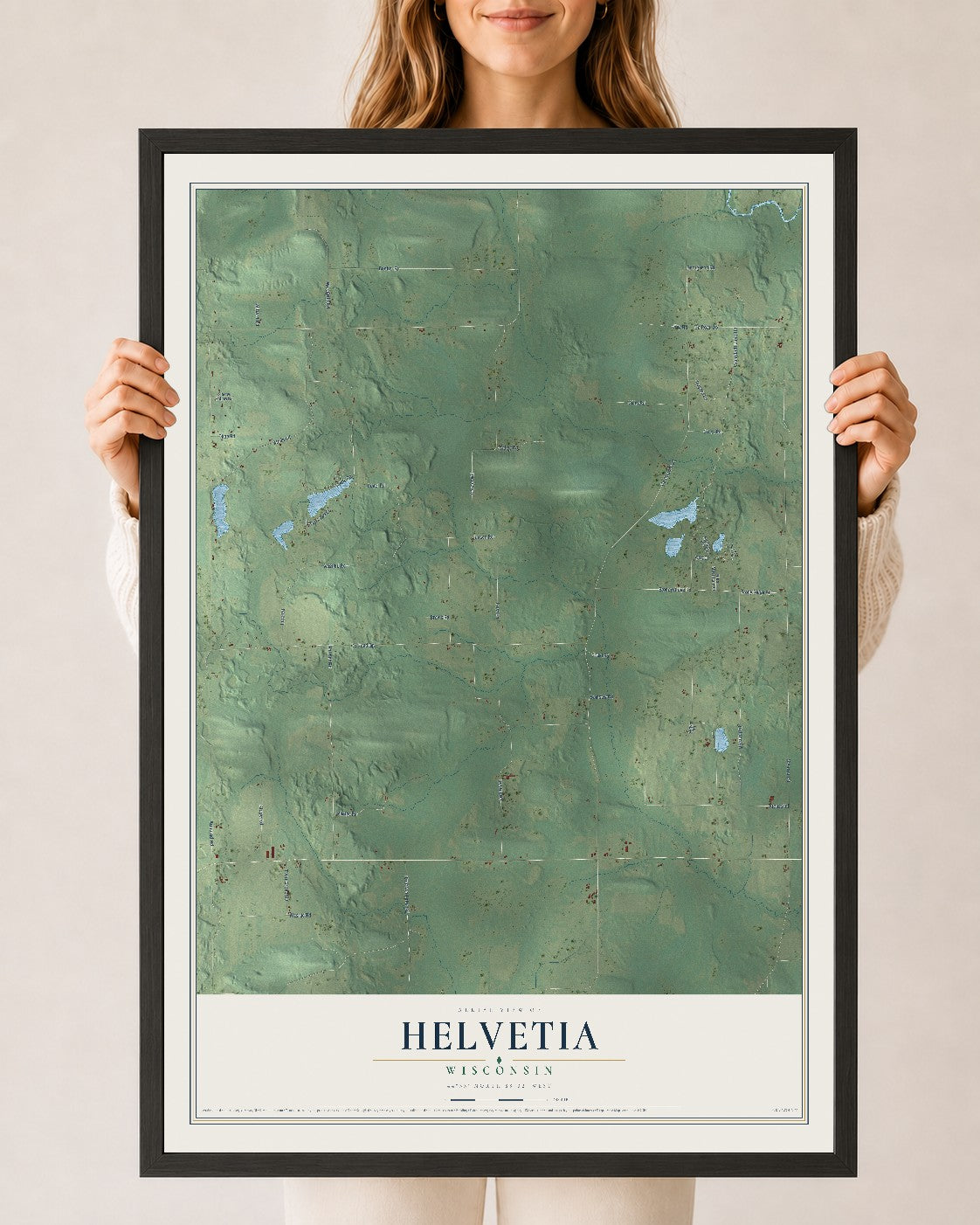 Map of Helvetia, Wisconsin, 24 x 36 inch print in a black wood frame