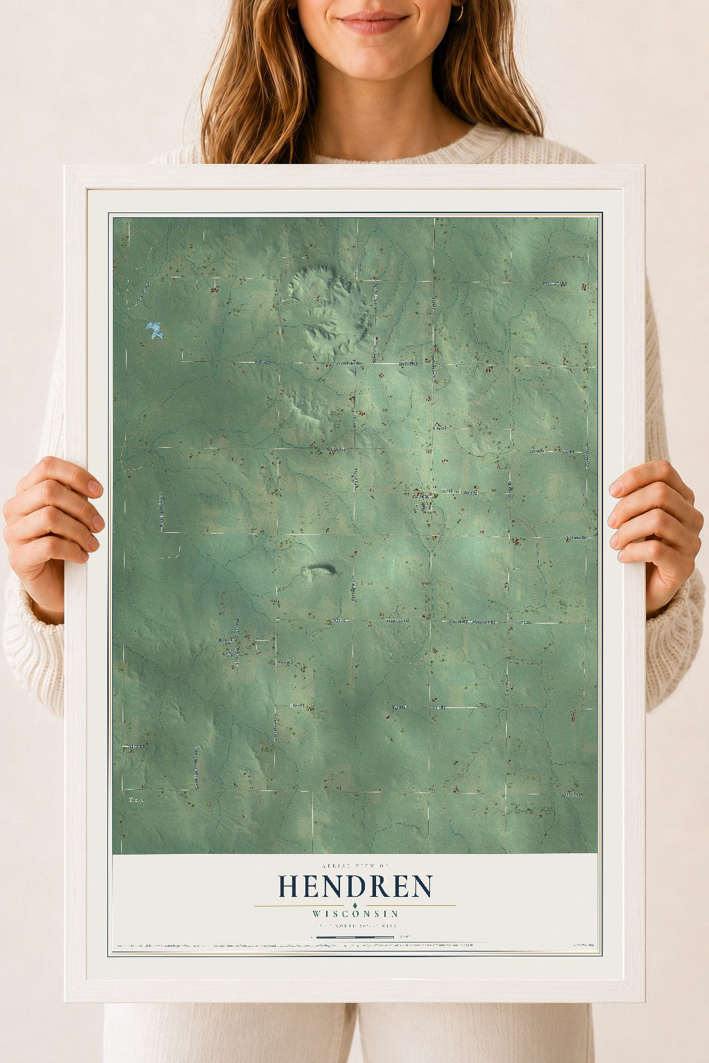 Map of Hendren, Wisconsin, 18 x 24 inch print in a white wood frame
