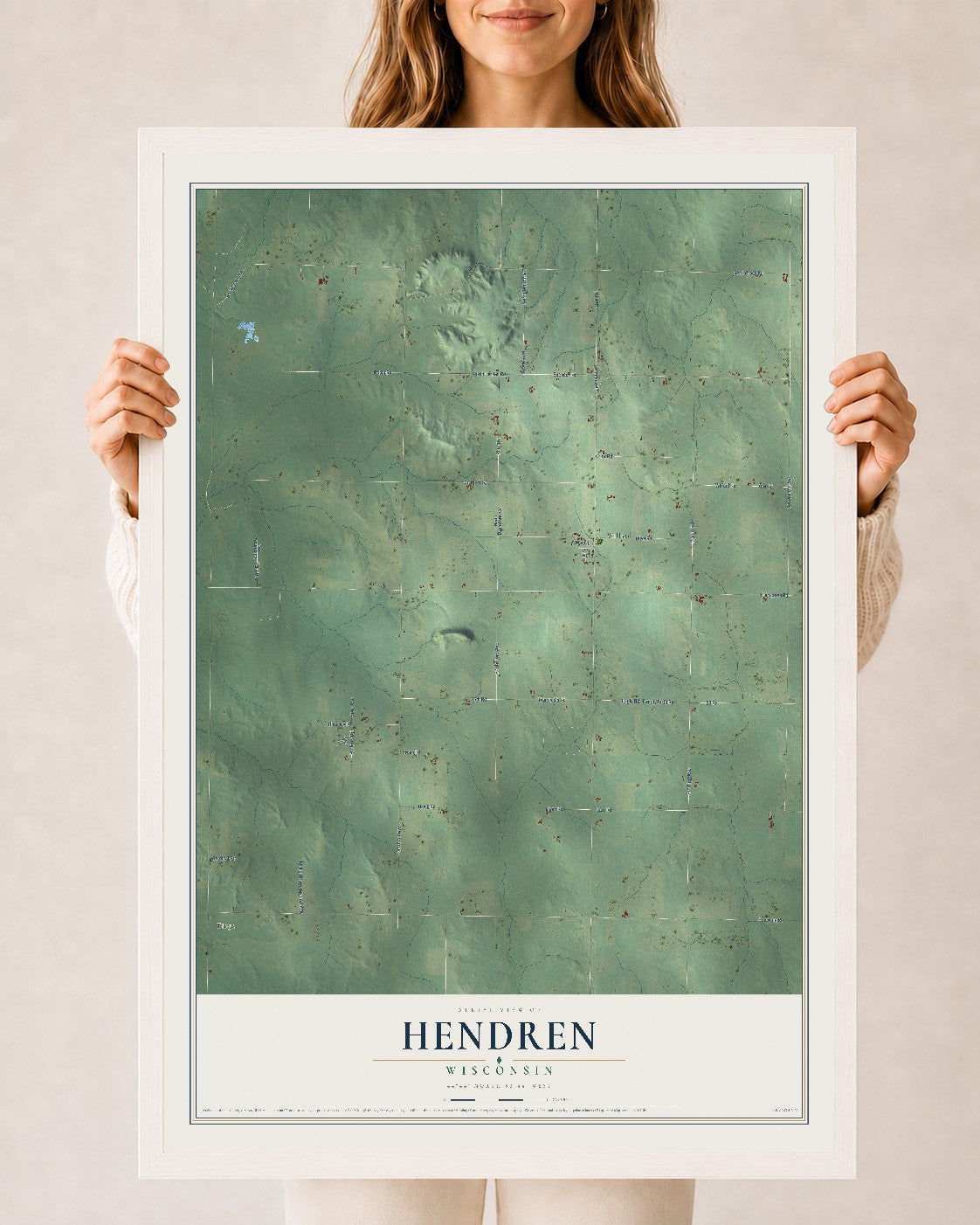 Map of Hendren, Wisconsin, 24 x 36 inch print in a white wood frame